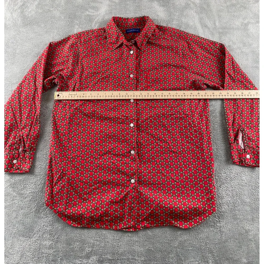 Karen Scott Mens Red Holly Berry Christmas Button Down Shirt M Cotton Long Slv